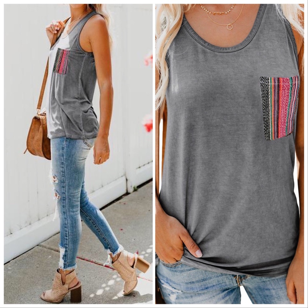 NWOT‼️ Gray with Multicolor Pocket tank - top